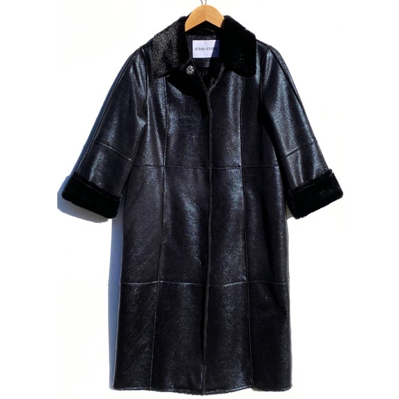 ANTHROPOLOGIE STAND STUDIO Nino Black Faux Leather Fur Lined Snap Front Coat - Picture 6 of 16